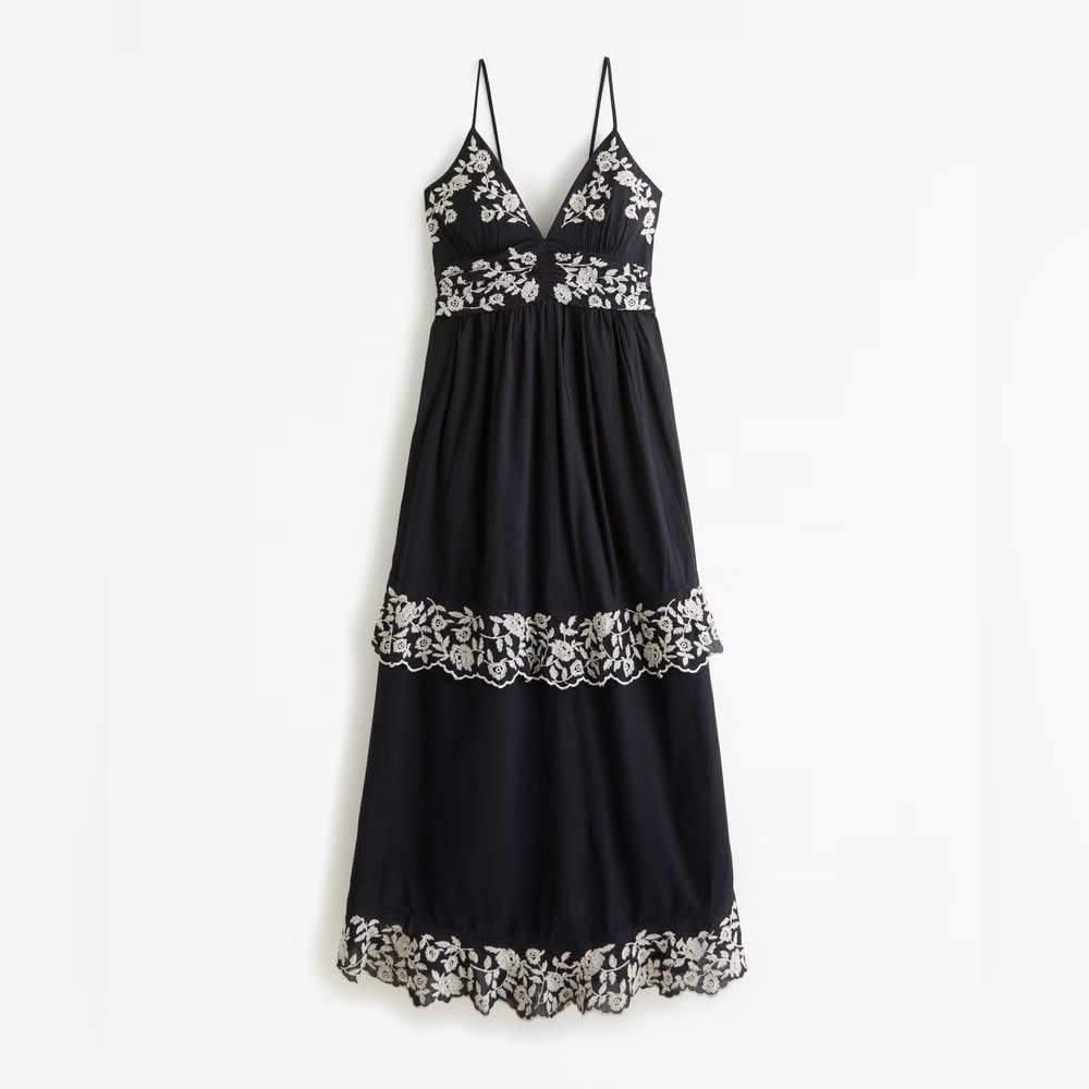 Abercrombie Black Embroidered Tiered Maxi Dress Boho Lace XXS NWT - Picture 5 of 8